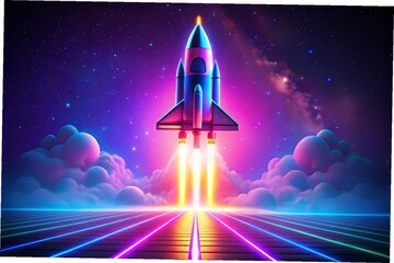 Fototapeta premium A neon lit illustration of a rocket launch for startup concepts