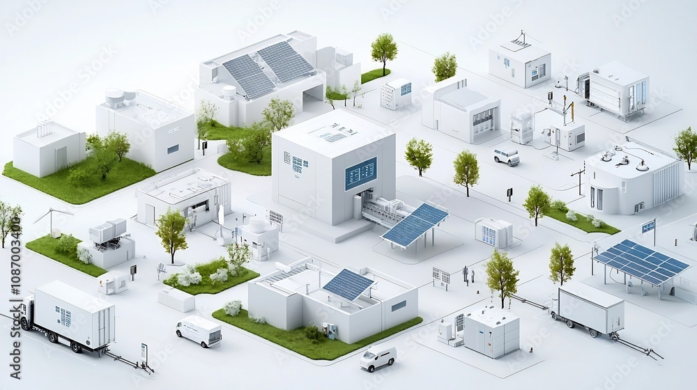 Poster of an integrated smart grid system with a centralized control hub that manages and distributes renewable energy sources such as solar wind and hydro to various consumer sectors including industrial