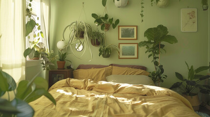 Cozy Bedroom with Green Plants and Soft Yellow Bedding in Sunlit Room Creating a Relaxing and Natural Atmosphere