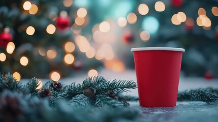 Merry Christmas! Mulled wine in red paper cup on blurred bokeh background. Winter hot drink
