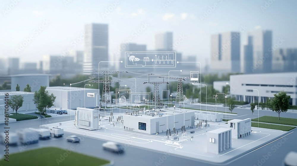 Poster Visualization of a modern power grid with a central control hub integrating renewable energy sources like solar and wind turbines