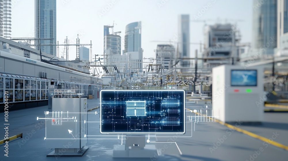 Poster futuristic power grid system with central hub managing renewable energy distribution to residential 