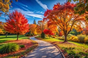 Serene Autumn Park with Winding Pathway and Vibrant Foliage Under a Clear Blue Sky, Capturing the Tranquil Beauty of Nature in Fall, Ideal for Relaxation and Scenic Views