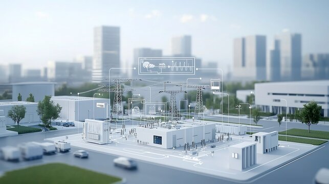 Visualization of a modern power grid with a central control hub integrating renewable energy sources like solar and wind turbines