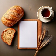 Whole Wheat bun loaf  bread coffee cup around blank paper frame for text letter post on social media design template