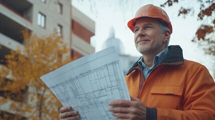 Construction Professional Examining Architectural Plans Outdoors in Urban Environment with Autumn Foliage and Residential Buildings in Background
