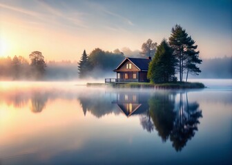 Fototapeta premium Serene Lake House in Early Morning Fog at Dawn - A Minimalist Landscape Digital Art Concept Capturing Tranquility and Nature's Beauty