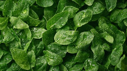 Background from fresh green spinach leaves with water drops. Texture of raw organic baby spinach close up. Food background