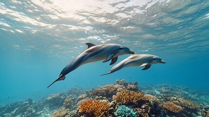 Playful Dolphins Swimming Gracefully Near Vibrant Coral Reefs in Turquoise Ocean Waters Illuminated by Gentle Natural Light Showcasing the Beauty of the Marine Ecosystem