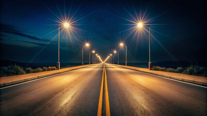 Serene Nightscape of an Empty Wide Road Bathed in Streetlight Glow, Capturing the Essence of Minimalist Photography with a Focus on Urban Solitude and Tranquility