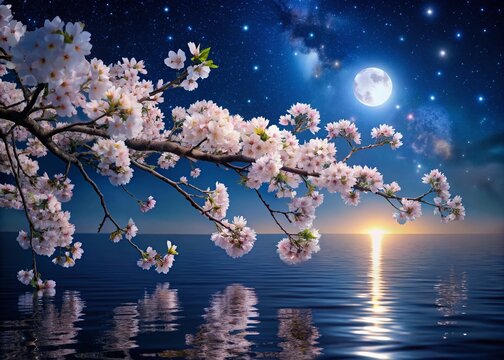 Enchanting Night Photography of Cherry Blossom Branches Swaying in the Wind Above a Serene Water Surface with Gentle Ripples Reflecting the Moonlight
