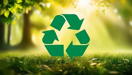 green recycling symbol on blurred forest background, sunlight
