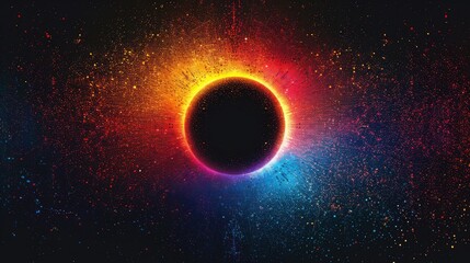 Naklejka premium Abstract space with a black circle surrounded by colorful glowing particles.