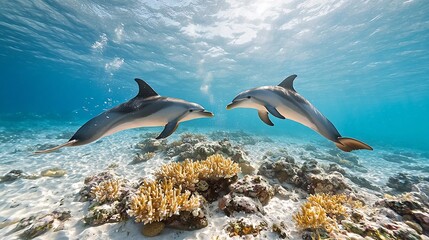 Obraz premium Graceful dolphins swimming and playing above a vibrant coral reef in a tranquil sun dappled marine protected area showcasing the beauty and importance of preserving our delicate underwater ecosystems