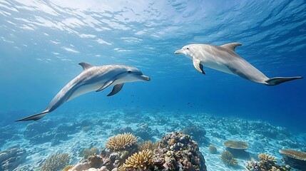 Fototapeta premium Joyful dolphins gracefully swimming and playing above a vibrant lush coral reef in a serene sunlit marine protected area showcasing the beauty and wonder of the underwater ecosystem