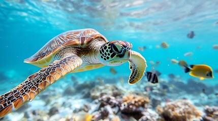 Serene Sea Turtle Gliding Peacefully Above Vibrant Coral Reef Teeming with Diverse Tropical Fish Species Soft Sunlight Filtering Through the Clear Blue Water