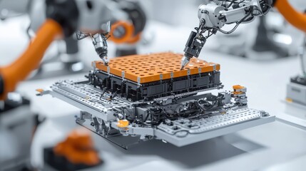 Close-up of an EV car battery being mounted on an undercarriage by robotic arms, with clean white background, symbolizing innovation in electric vehicle manufacturing.