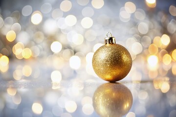 Fototapeta premium Shiny Golden Bauble on Clean White Background for Minimalist Holiday Decor Aesthetic in Festive Settings, Perfect for Seasonal Celebrations and Elegant Decorations