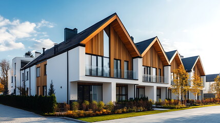 A row of modern townhouses with white walls and gray roofs against the blue sky on a sunny day Generative AI