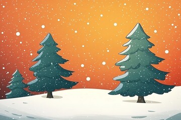 Red background, Christmas trees in the snow with falling snowflakes, vector illustration style, simple and cute design, simple background