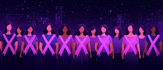 A group of women gathers at night in a city, wearing purple shirts and adorned with pink ribbons, showcasing solidarity and raising awareness for cancer