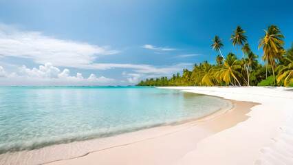Fototapeta premium Beautiful tropical beach banner. White sand and coco palms travel tourism wide panorama background concept. Amazing beach landscape