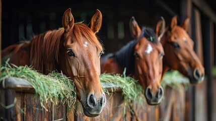 Three brown horses in a stable. This photo is perfect for websites or social media promoting horse riding or equestrian events.