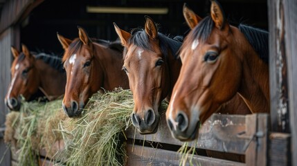 Obraz premium Horses eating hay in a stable. This image is perfect for illustrating articles about horses, stables, or animal care.