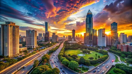 Panoramic View of a Vibrant Urban Landscape at Sunset with Skyscrapers, Roads, and Parks, Capturing the Essence of City Life and Nature's Beauty in Stunning Detail