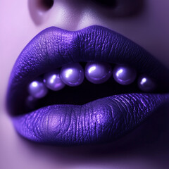 Surreal Glamorous makeup featuring pearl-embellished lips, matte dark purple lipstick on the bottom lip, and pearls placed between the upper and lower teeth in a close-up view.