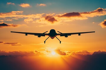 Fototapeta premium Military drone flying in the sky, front view.