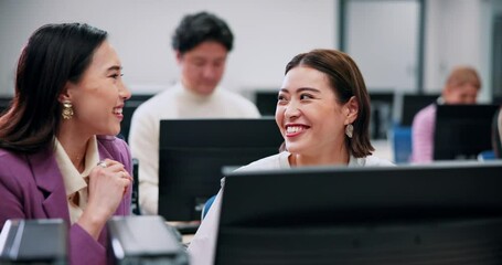 Business, coworking and women at computer for training, advice and development in office together. Technology, teamwork and Japanese people with help for online course, productivity and management - Powered by Adobe