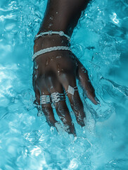 A hand with rings and a bracelet, featured in a jewelry ad campaign for jewelry brand, in the style of water surrealism photography.Copy space,flat lay