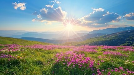 Obraz premium Scenic mountain view with wildflowers. Perfect for travel, nature, or outdoor themes.