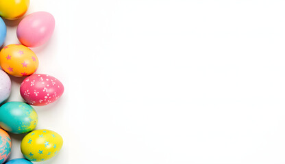 Colorful decorated Easter eggs arranged on a white background with copy space