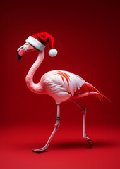 A pink flamingo wearing a Santa Claus suit, walking against a red background.Minimal creative Christmas fashion holiday concept.Copy space.