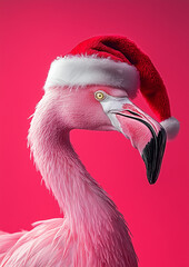 A pink flamingo wearing a Santa Claus suit, walking against a red background.Minimal creative Christmas fashion holiday concept.Copy space.