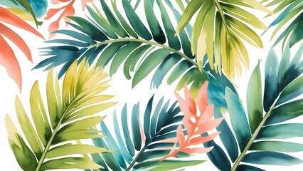 Tropical palm leaves, large fronds, flat design, top view, summer vibes theme, water color, Tetradic color scheme
