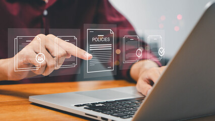 Policy documentation and compliance concept. company articles of association Terms and Conditions ,quality inspection, checklists, certifications, and financial detail.  regulatory compliance