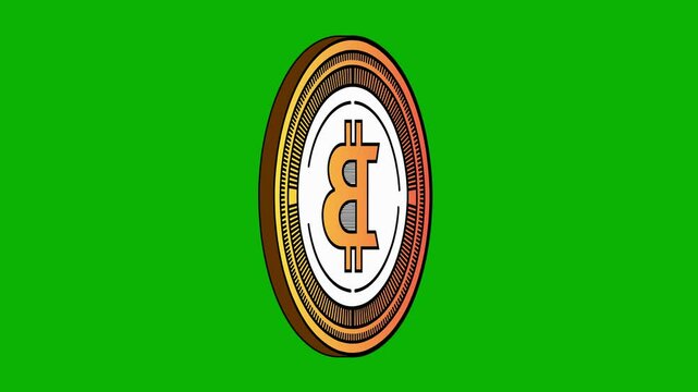 Gold cartoon Bitcoin coin that spins on its axis on a green screen chromakey background
