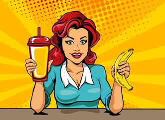 Young woman with smoothie and banana in hand pop art style illustration. Comics style.
