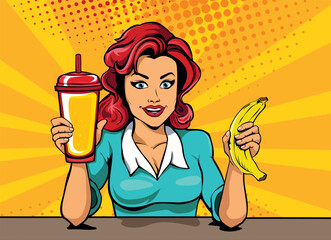 Young woman with smoothie and banana in hand pop art style vector illustration. Comics style.