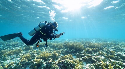 A diver carefully collects scientific data and measurements on the health and condition of a coral reef ecosystem underwater using various scientific instruments and equipment as soft