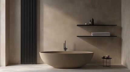 Minimalist Bathroom with Freestanding Tub and Black Accents