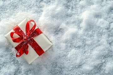 White Christmas present box with red ribbon and Christmas decoration on snow over a grey background