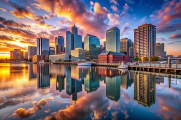 Fototapeta premium Panoramic View of Lovejoy Wharf at Sunset, Showcasing Vibrant City Life, Modern Architecture, and Serene Waterfront with Reflections in the Water