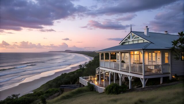 Queenslander style architecture with amazing oceans views at dusk