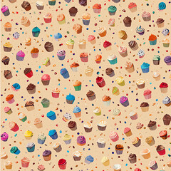  A pattern of cupcakes in various colors and shapes is scattered across the canvas, with small dots representing sprinkles.