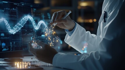 Conceptual image of a doctor using AI tools to analyze DNA molecules, with futuristic data points and graphics surrounding the DNA