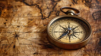 Antique compass on vintage map pointing north.